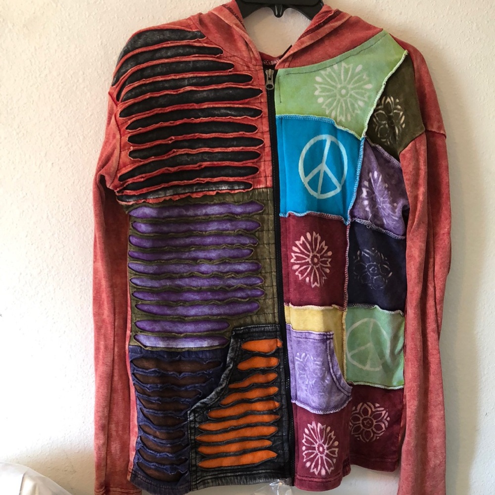 KPC Colorful Patchwork Hoodie, zip Peace Sign fits more like L see measurements